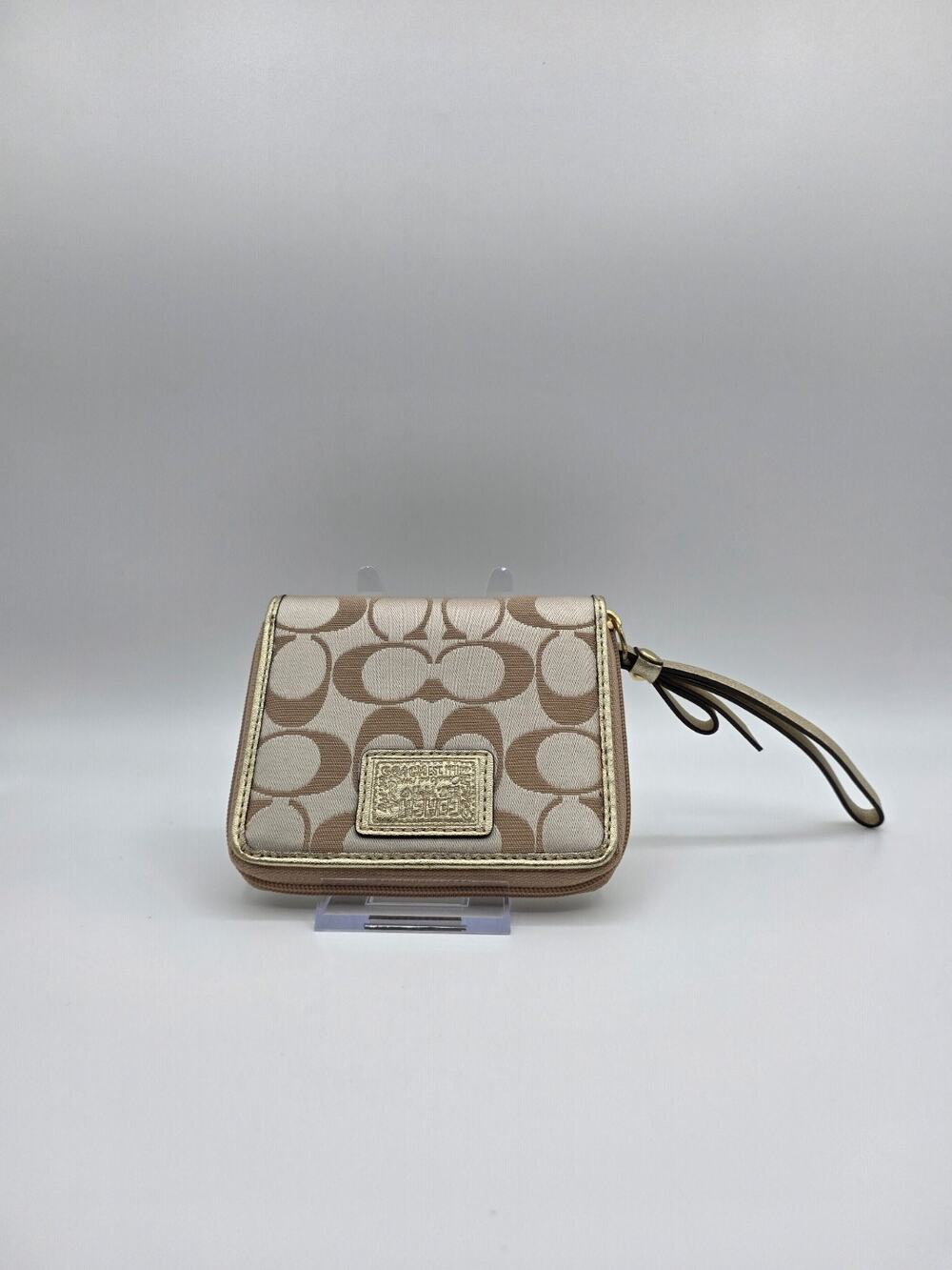 Vintage Coach Poppy Signature Zip Around Wristlet Wallet Khaki Champagne Gold EU